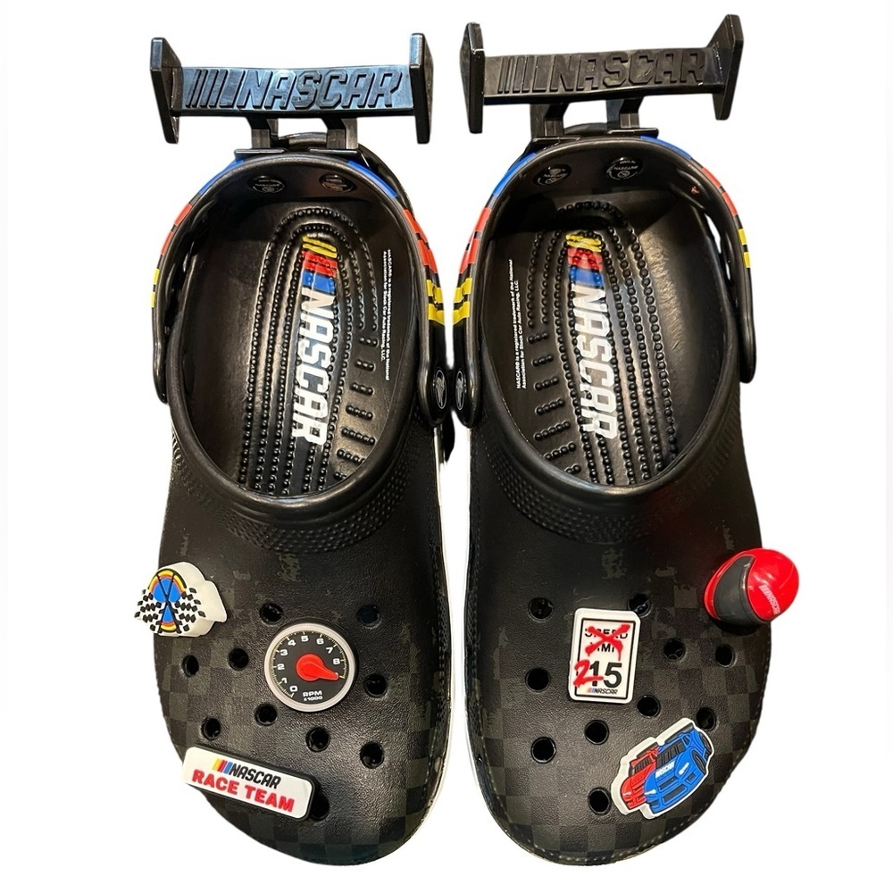 NWOT Nascar Adult CROCS Black Novelty Racing Shoes.  Size 7 Men’s/9 Women’s.